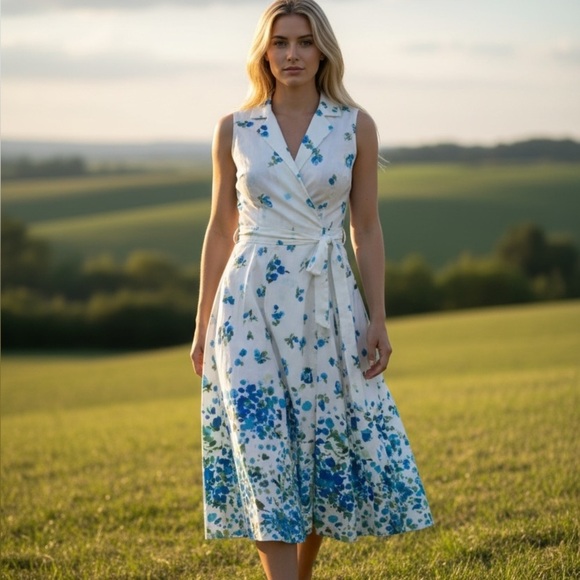 Jones Wear Dresses & Skirts - JONES WEAR DRESS, white with blue floral. Faux wrap top, belted, fit & flare.